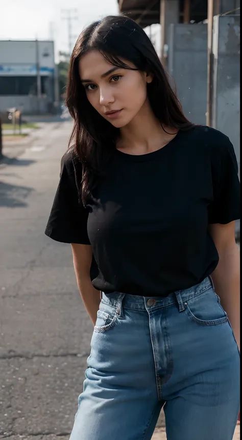 arafed woman , oversized black t-shirt and blue jeans, photo of a woman, mid shot portrait, candid picture, 7 0 mm portrait, pho...