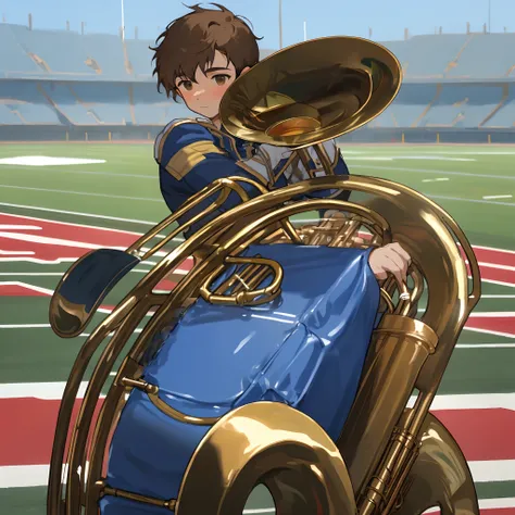 Tall, skinny, Teenage, Caucasian boy with short brown hair. Wearing a blue marching band uniform and holding a sousaphone. Background is an American football field.