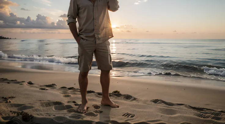 man with sand in hand, on the beach, sunset