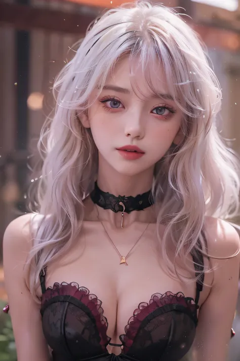 (a closeup)、((1girl in))、(in her 20s)、((Long))、((Pattsun bangs))、((white  hair))、(looking at view)、(A slight smil)、((Black see-through dress))、(corsets)、(Photoreal Stick:1.2)、in 8K、(High quality shadows)、Detail Beautiful delicate face、Detail Beautiful deli...