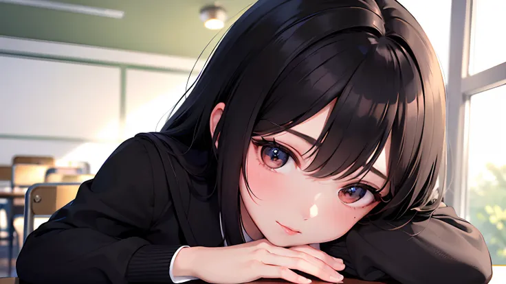 ((masterpiece,best quality)),1girl,black hair, school uniform, indoors, classroom, glowing, sidelighting,