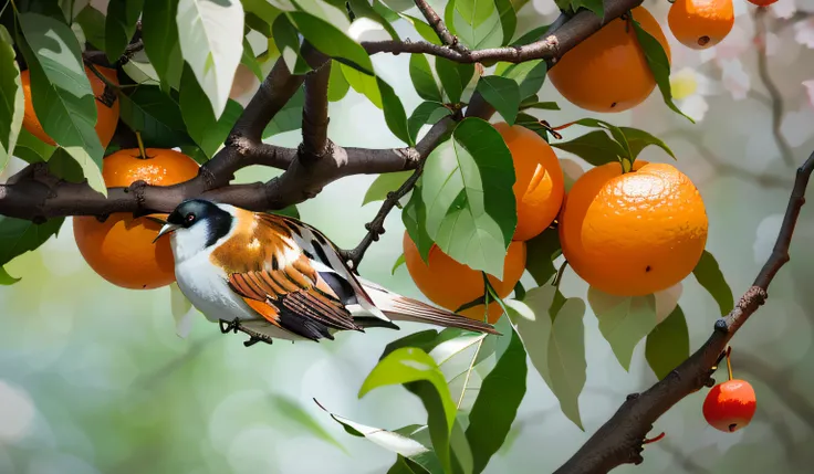 there is a bird that is sitting on a branch of a tree, white and orange, close up photograph, orange and white, orange and white color scheme, with fruit trees, Excellent composition, having a snack, nature photo, still photo, Birds on cherry blossom trees...