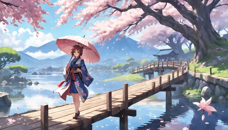 Impacto Genshin, Kamisato Ayaka Caminhando, sakura trees, flor de cerejeira, segurando guarda-chuva, Beautiful, Highly detailed scenery, Pescador