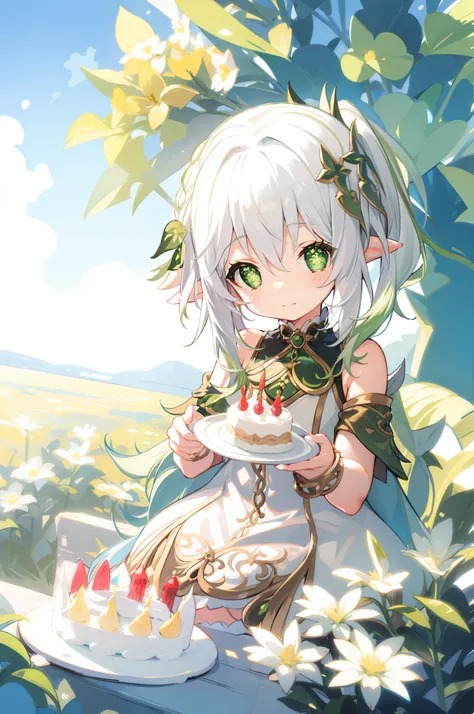 1 little girl solo, nahida_genshin, cross-shaped pupils, default_dress, white dress, white hair, green hair ornament, green cape...