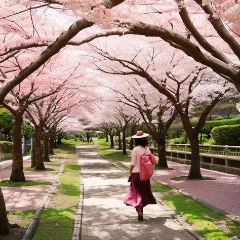 Impacto Genshin, Kamisato Ayaka Caminhando, sakura trees, flor de cerejeira, segurando guarda-chuva, Beautiful, Highly detailed scenery, Pescador