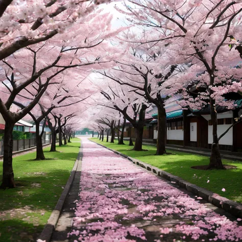 Impacto Genshin, Kamisato Ayaka Caminhando, sakura trees, flor de cerejeira, segurando guarda-chuva, Beautiful, Highly detailed scenery, Pescador