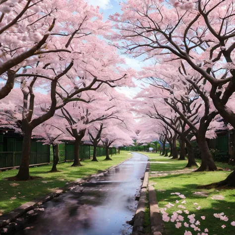 Impacto Genshin, Kamisato Ayaka Caminhando, sakura trees, flor de cerejeira, segurando guarda-chuva, Beautiful, Highly detailed scenery, Pescador