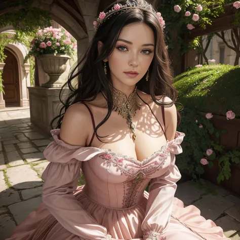 This is a realistic fantasy artwork set in the castles enchanted rose garden. Generate a proud woman with a highly detailed face dressed in the folds of a stunning French silk ball gown. The womans sweet face is ((((altamente detalhado, with realistic and ...