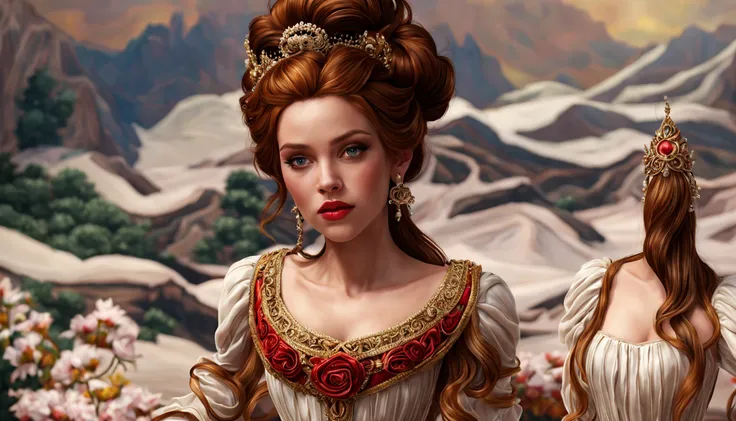 This is a realistic fantasy artwork set in the castles enchanted rose garden. Generate a proud woman with a highly detailed face dressed in the folds of a stunning French silk ball gown. The womans sweet face is ((((altamente detalhado, with realistic and ...