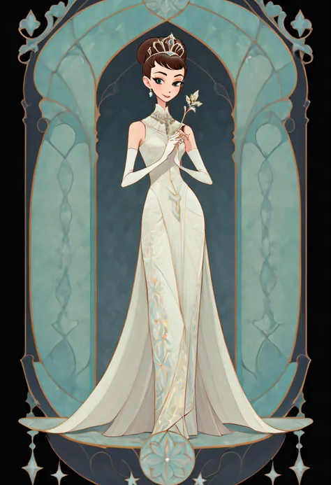 1 audrey hepburn, princess anne, full body standing painting, (((独奏))), clear facial features, simple line design, ((tarot card ...