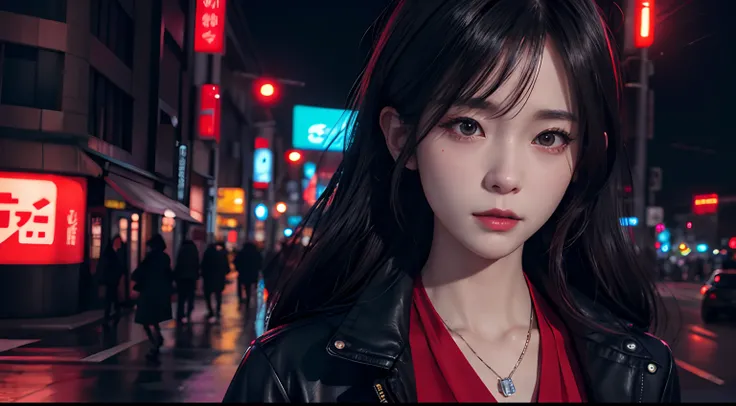 Tokyo at night. Woman walking alone in a neon-lit city. She wears a red dress and a black coat. Her face is full of loneliness and sadness.There is a woman wearing a necklace around her neck, soft portrait shot 8 k, 8K portrait rendering, photorealistic an...