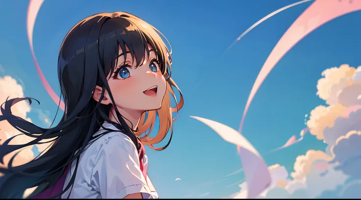 1girl looking at the blue clear sky dreaming and happy