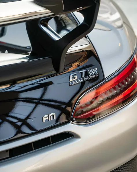 Close-up of a car with a black and white logo, Finely tuned details, automotive photography, with a sleek spoiler, Rear lighting, The light from the back window is backlighted, photo taken from behind, close-up shot taken from behind, The light from the ba...