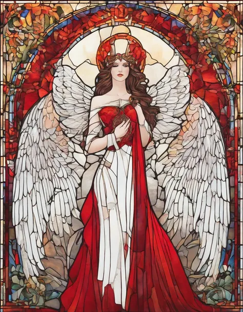 Singer in white half mask, Big Angel Wings, Long Red Dress, Innocence