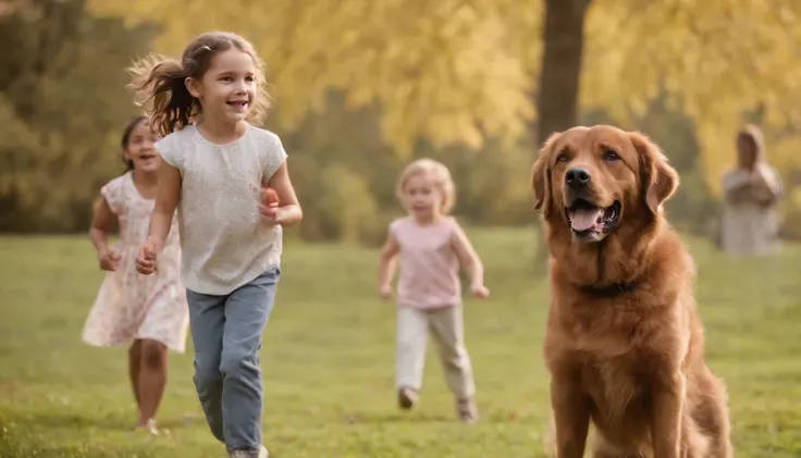 A young girl and her brown dog standing up to a group of older kids who are picking on a smaller kid in the park. The older kids are backing away, scared of the dog. The girl is smiling and the dog is barking and growling. The smaller kid is running up to ...