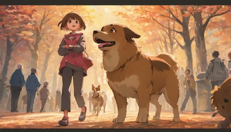 A young girl and her brown dog standing up to a group of older kids who are picking on a smaller kid in the park. The older kids are backing away, scared of the dog. The girl is smiling and the dog is barking and growling. The smaller kid is running up to ...