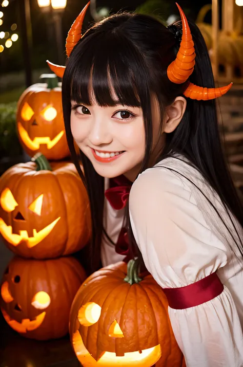 ​masterpiece、top-quality、ultra-detailliert、Halloween, pumpkins, Long Black Hair, Red Eyes, Smile, Blunt bangs, Ahoge, Night, Pointed ears, Little Devil Horned Head, Moon, Vampire