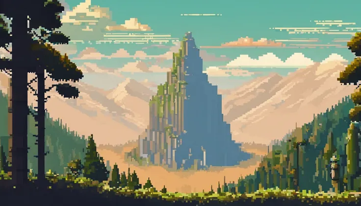 Pixel Art. Retrata uma estrada de asfalto nas montanhas, cercado por para-choques em uma noite escura com muitas curvas acentuadas;, iluminado por lanternas antigas desbotadas, Against the background is a high mountain surrounded by a dense coniferous fore...