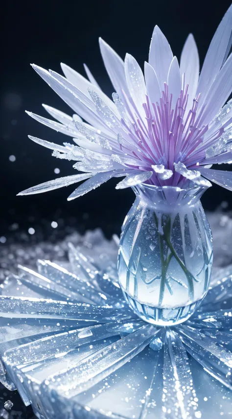 (ultra detailed spring landscape) , frosted edelweiss flowers, jelly, sparkling ice, frozen in time.dark atmosphere, ice crystals, serene atmosphere, soft diffused light