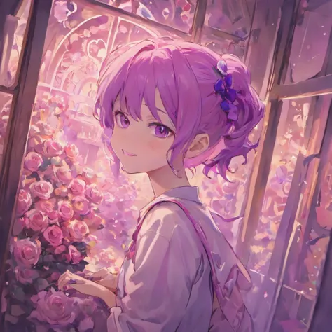 (best quality,highres),smiling,short ponytail,purple eyes,light purple hair,light skin,white shirt,holding mauve roses,upper body,fantasy beautifully lit window