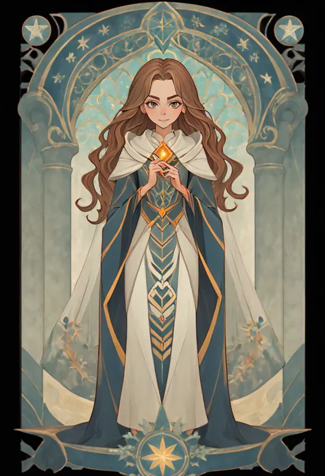 1 Hermione Jean Granger, From Harry Potter, Full body standing painting, (((独奏))), Clear facial features, Simple line design, ((tarot card background, symmetric beauty)), perfectly symmetrical, The art of symmetry, Standing drawings of characters, ((flatco...