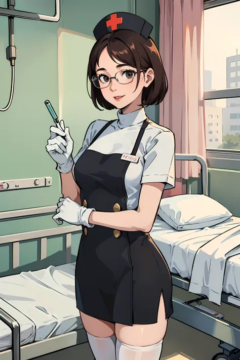 1woman, nurse, nurse cap, white wear, ((white legwear, zettai ryouiki)), white gloves, short brown hair, brown eyes, red lips, s...