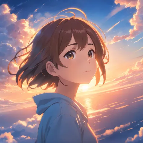 masterpiece, best quality, movie still, 1girl, cloud girl, floating in the sky, close-up, bright, happy, warm soft lighting, sunset, (sparks:0.7)