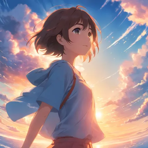 masterpiece, best quality, movie still, 1girl, cloud girl, floating in the sky, close-up, bright, happy, warm soft lighting, sunset, (sparks:0.7)