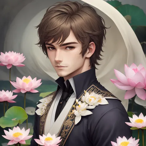 Personnage masculin, style anime, charismatique avec fleur de lotus. Regard profond et dynamique.