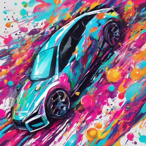 a close up of a car with a lot of paint on it, anime car wrap, car paint, vivid!!, samurai vinyl wrap, * colour splash *, splash of color, vivid colors!, subaru, vivid colors!!, future!!, graffiti inspired, realistic paint job, splashed with graffiti art, ...