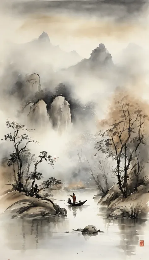 Chinese landscape painting，ink and watercolor painting，water ink，ink，Smudge，Faraway view，Ultra-wide viewing angle，Meticulous，Fishing boat vistas，Meticulous，Smudge，low-saturation，Low contrast, Naked people bathing in the river，Fishing alone in the cold rive...