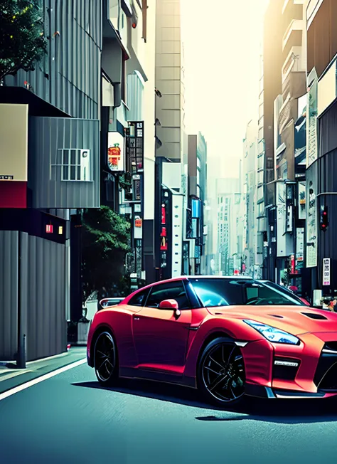 nissan gtr、A Nissan GTR masterpiece in the meticulously drawn cityscape of Kyoto、hightquality、Elaborate graphics、High Details