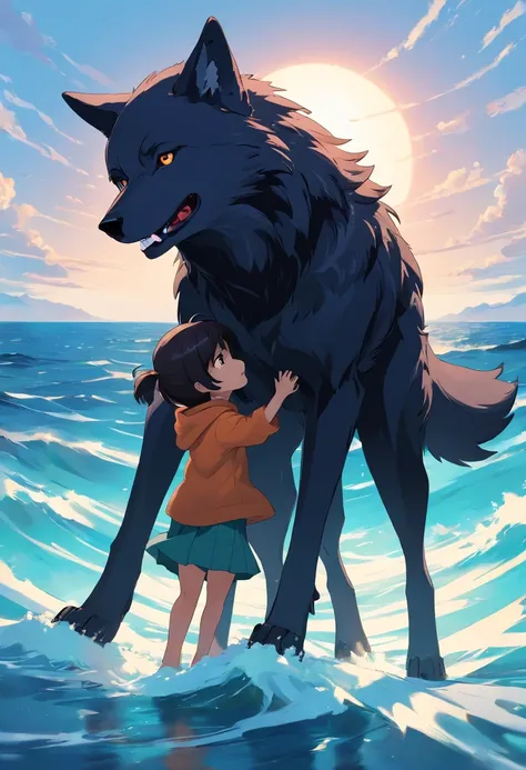 A black wolf is a white wolf playing with a child on top of the ocean