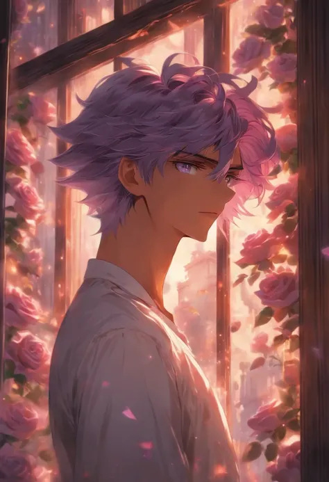 a young man,solo,be looking straight ahead, light purple hair, purple eyes, white shirt, upper body, holding mauve roses, fantasy beautifully lit window