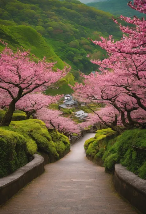 fantasia, Sakura trees, porto, cidade linda, natureza bela, estilo anime, com uma montanha e parte da cidade de fundo, vila, feudal japan