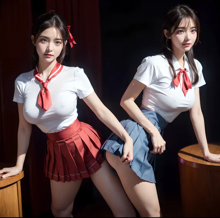 top-quality, 4K picture quality, ​masterpiece, (Professional lighting without shadows), A hyper-realistic, (perfect anatomia), Two girls, (Proudly stand in front of the camera、With a girl showing off a ribbon tie, The other girl on the other side is bendin...