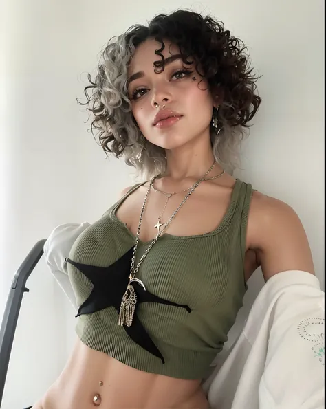 a woman with a necklace and a star tattoo on her chest, with curly black and silver hair, doja cat, curly haired, wearing a sexy cropped top, bralette, curly pixie hair, silver curly hair, with black hair, with long curly hair, small midriff, 8K, Top Quali...