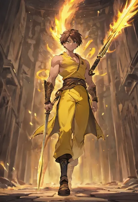 Muscular man, Alone, Holding a golden spear, Hair tied in a bun, Dark brown hair, A man who looks like a Chinese, ((Burnt yellow social shirt, Long white jeans)), black military boots, Smile, yellow eyes, Castle, Costume.