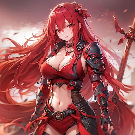 1girl, HD, long crimson hair, ruby eyes, heroine warrior outfit, large soft breast, cleavage