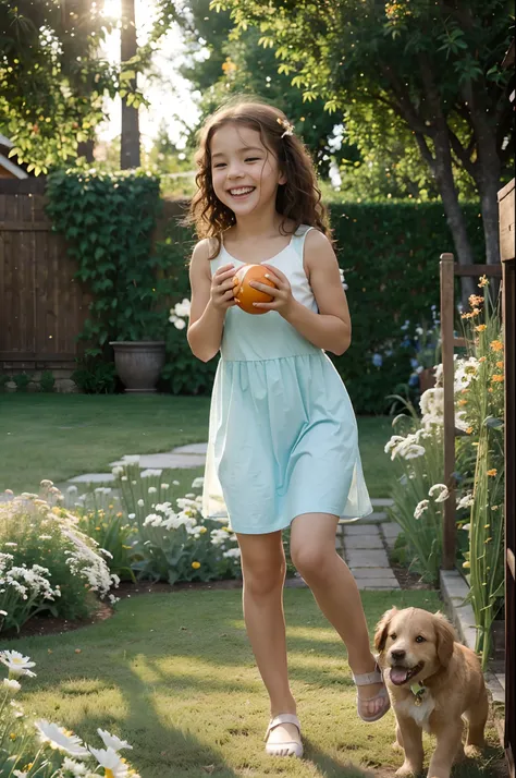 Imagine a charming scene in a lush and colorful garden, where a golden retriever with golden fur is bounding with enthusiasm, holding a red ball in its mouth. A little girl with curly brown hair and a light blue dress is laughing joyfully as she reaches ou...