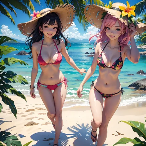 2 girls, plumeria flower design bra and thong panty, multi-color hair, big happy smile, detailed tropical forest setting, beautiful flowers on hat, summer, beach, bikini, fun, busy day, sunny day, sun flair, visible sun, hawaii, vacation, ocean in backgrou...