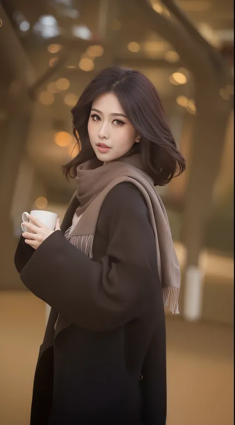 Araved woman wearing a scarf and a cup of coffee, Korean girl, beautiful Korean women, Korean woman, Beautiful young Korean woman, Guviz-style artwork, ulzzangs, korean womens fashion model, Gorgeous young Korean woman, Soft portrait shot 8 K, Chinese girl...