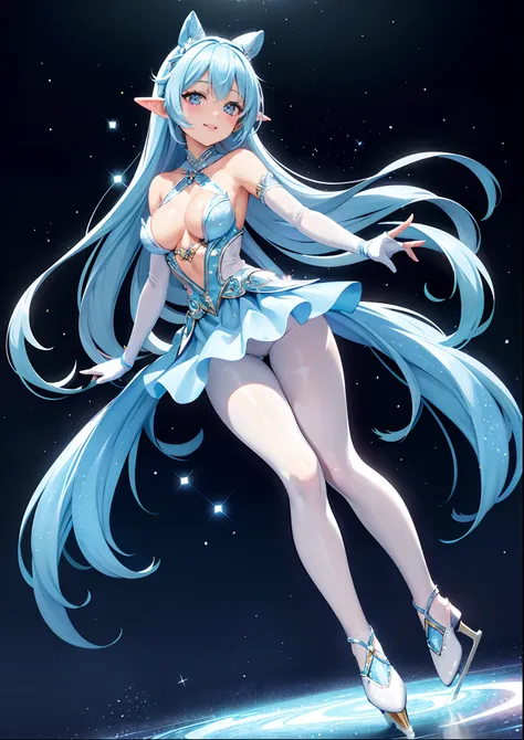 top-quality、Full limbs、complete fingers、One beautiful woman、Normal breasts、adorable smiling、Twin-tailed、Light blue long hair、Woman in a wonderfully glittering sparkling figure skating dress、Flesh-colored pantyhose、adorable smiling、Ice rink、Packed figure sk...