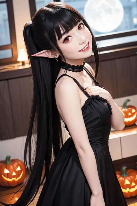 ​masterpiece、top-quality、ultra-detailliert、Halloween, pumpkins, Long Black Hair, Red Eyes, Smile, Blunt bangs, Ahoge, Night, Pointed ears, Little Devil Hornhead, Moon, Vampire