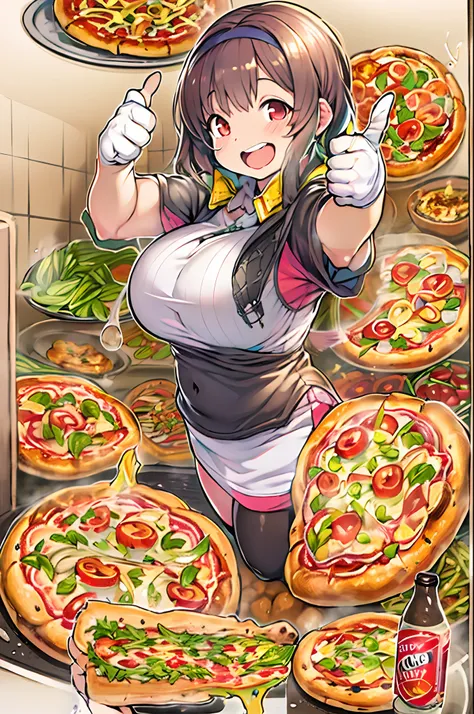 masutepiece, Best Quality, 女の子1人、huge-breasted、bbw、Holding (Giant pizza slices)1.5、Thumbs up、huge smile、Plastic bottles of cola、