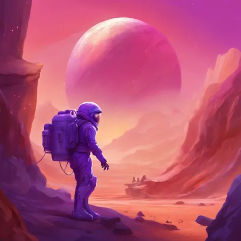 a courier in a purple suit on the planet Mars. next to the quarry is a small octopus. the octopus is cute, purple in color