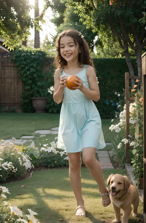 Imagine uma cena encantadora em um jardim exuberante e colorido, Where a golden retriever with golden fur is full of enthusiasm, segurando uma bola vermelha em sua boca. A little girl with curly brown hair and a light blue dress is laughing happily as she ...