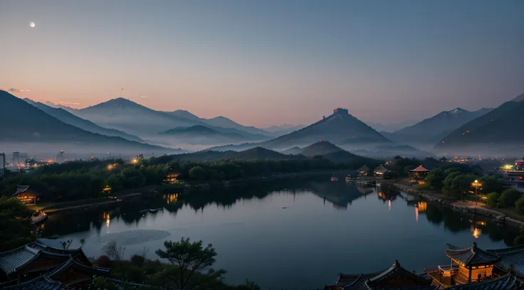 Mountains in Korea, Fantasy, Hanok, lake, moonlit glow, natta, haze