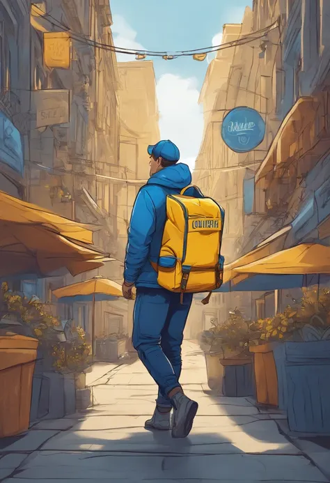 courier with a backpack. his clothes are in blue and yellow colors. in the foreground is a sign with the inscription. made in cartoon style