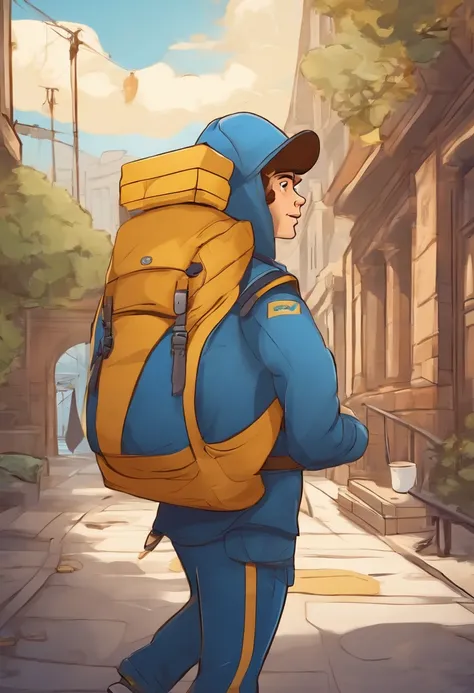 courier with a backpack. his clothes are in blue and yellow colors. in the foreground is a sign with the inscription. made in cartoon style